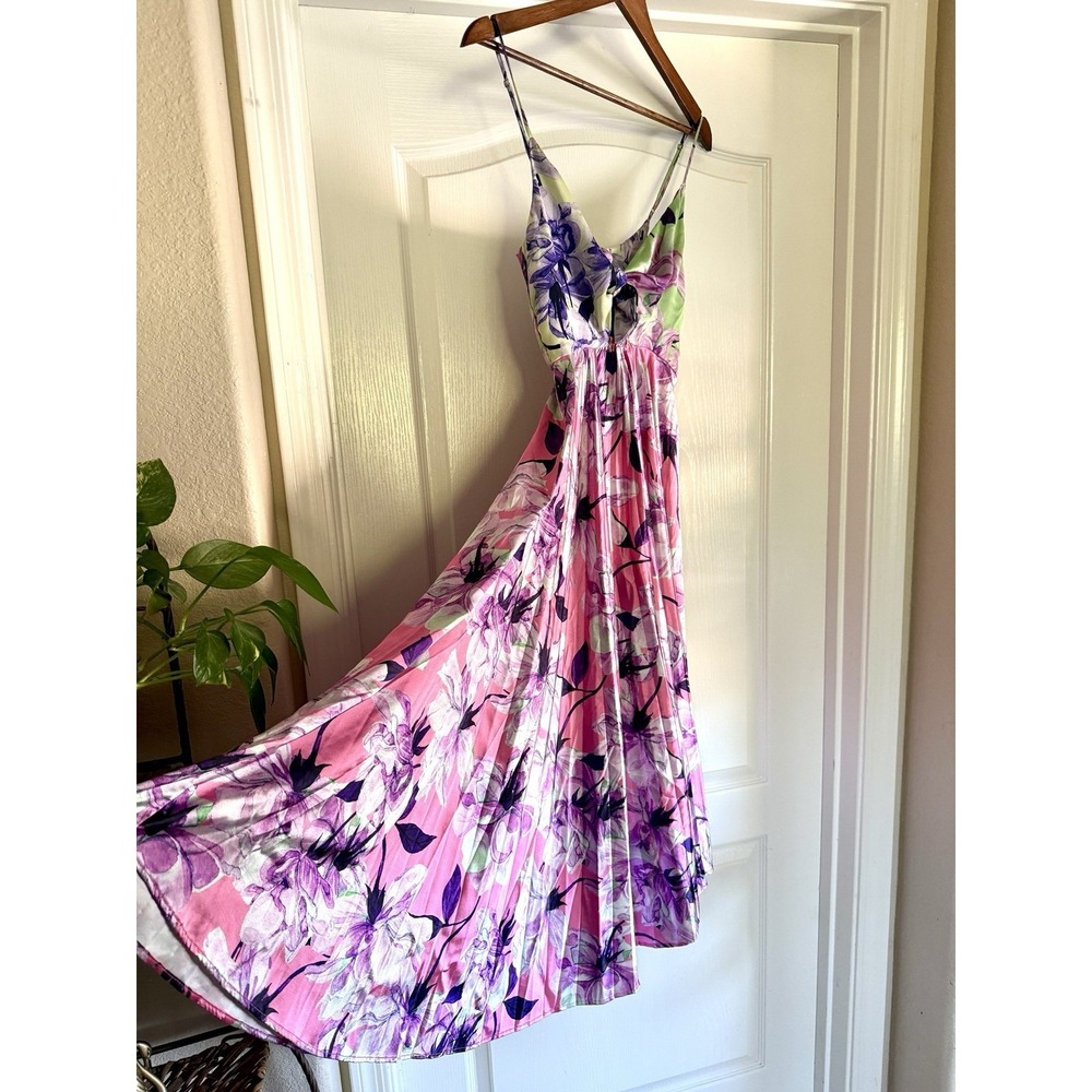 Anthropologie Pleated Midi Dress Pink Floral Tie Front Sleeveless S Coquette - Picture 2 of 15